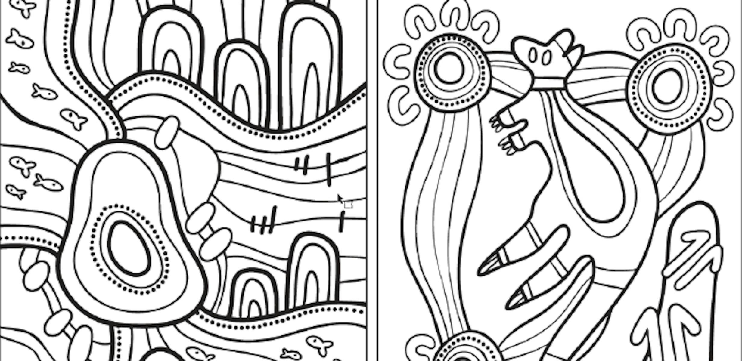 Two colouring-in images with First Nations themes, black lines on white