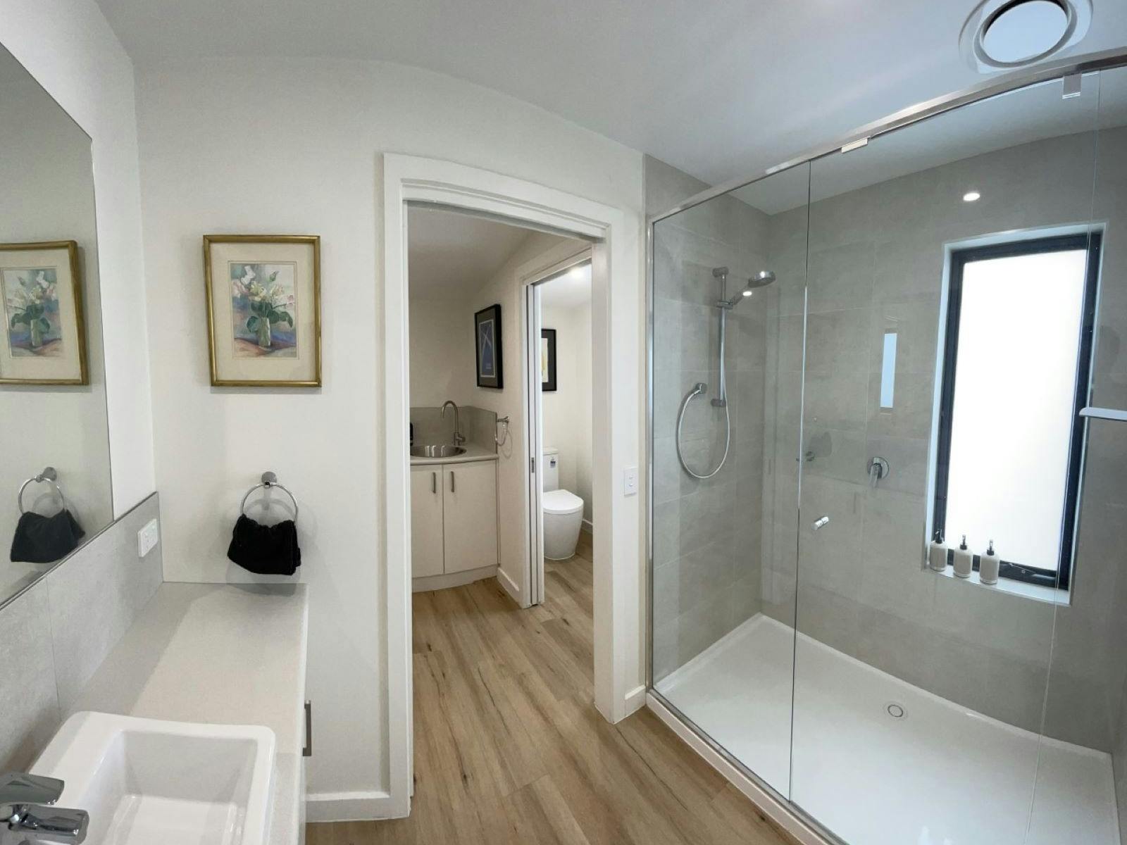 bathroom with shower and basin , laundry and WC in background