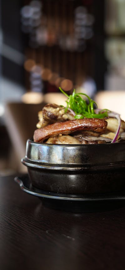 Actual Mongolian Barbecue dish cooked with hot rocks