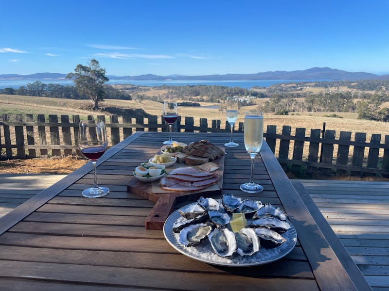 Outdoor table with wine glasses, oysters and a platter. View of farmland and sea beyond.