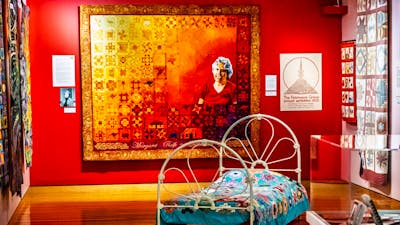 Installation photo, Stitching Stories, image of exhibition