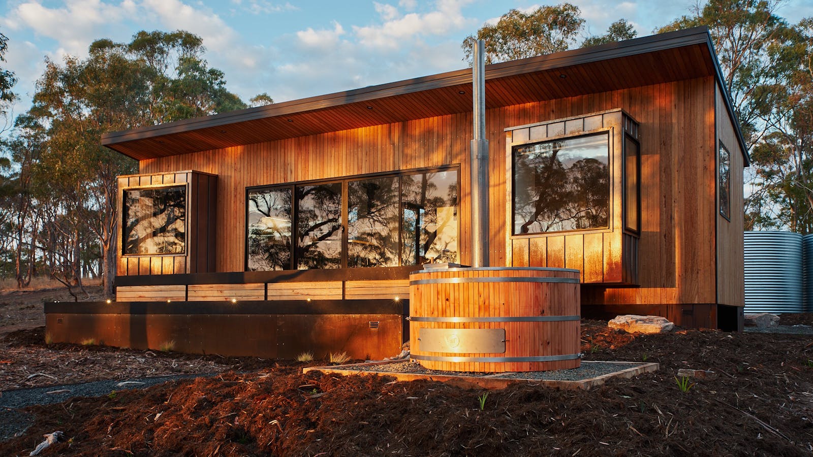 The Croft at Arden, with Blue Gum cladding from the property and woodfired hot tub
