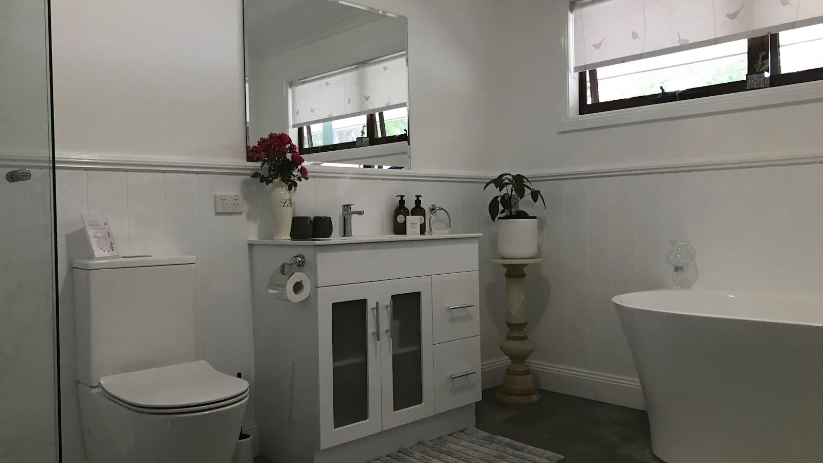 Luxury bathroom, heated flooring, soak bath