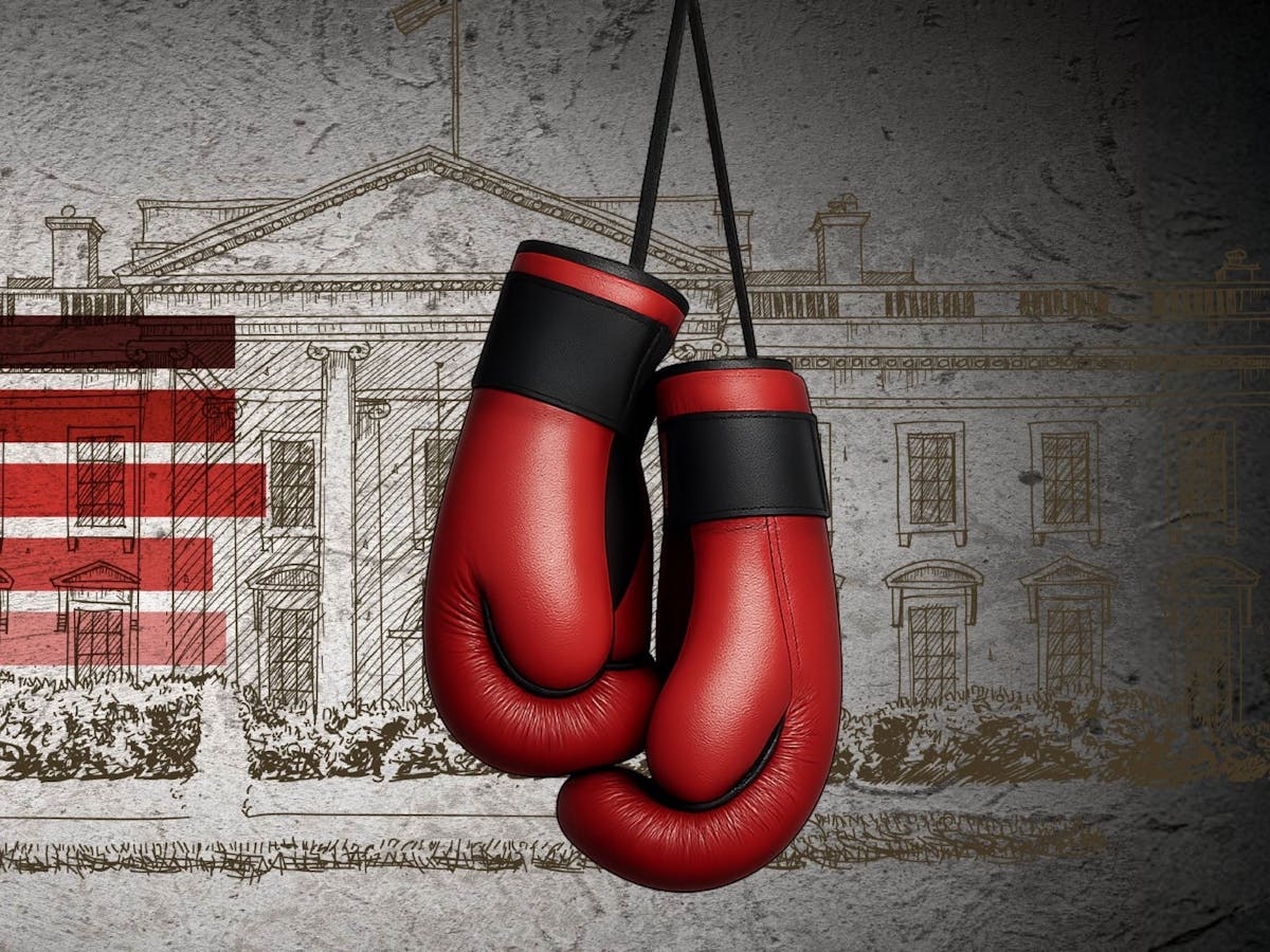 red boxing gloves in front of the white house representing the US sentate where theatre story based