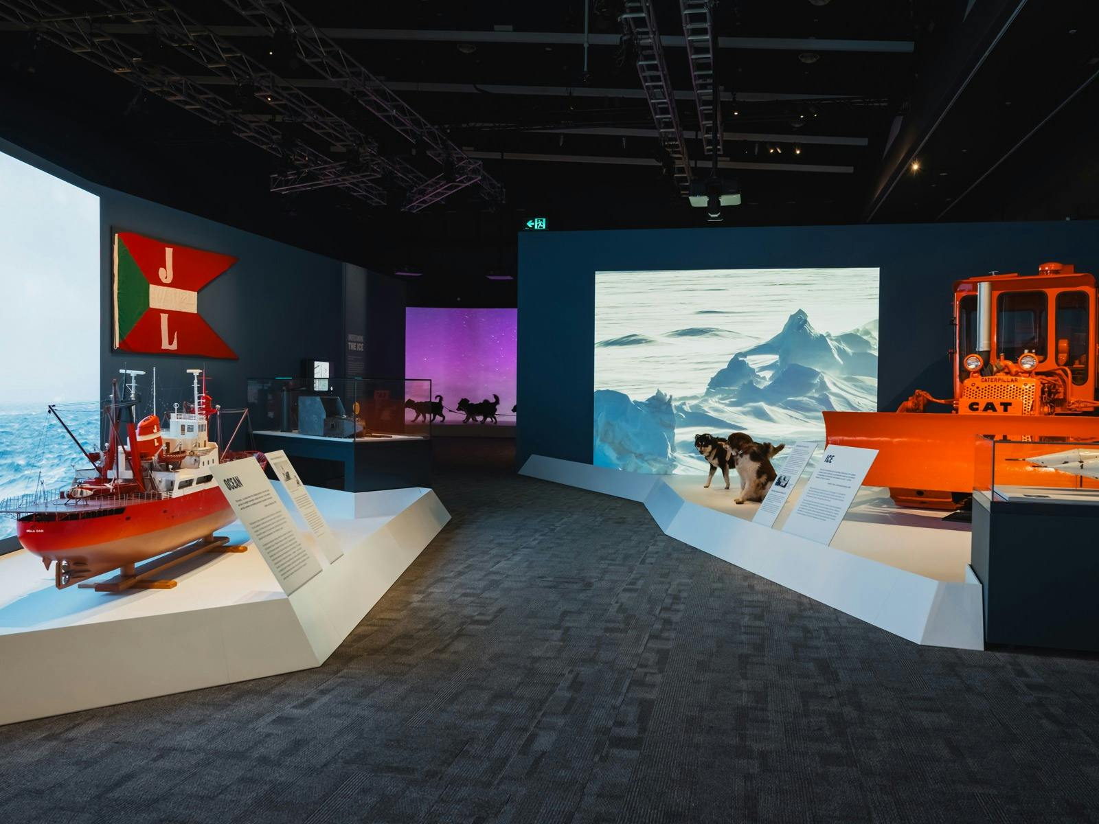 Inside Antarctica exhibition with a view of objects on display.