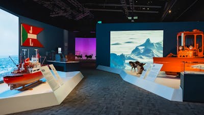 Inside Antarctica exhibition with a view of objects on display.