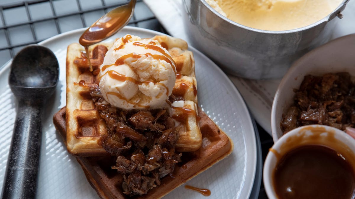 Ungermann Brothers Ipswich Homemade waffles with sweet pork belly and  caramel.