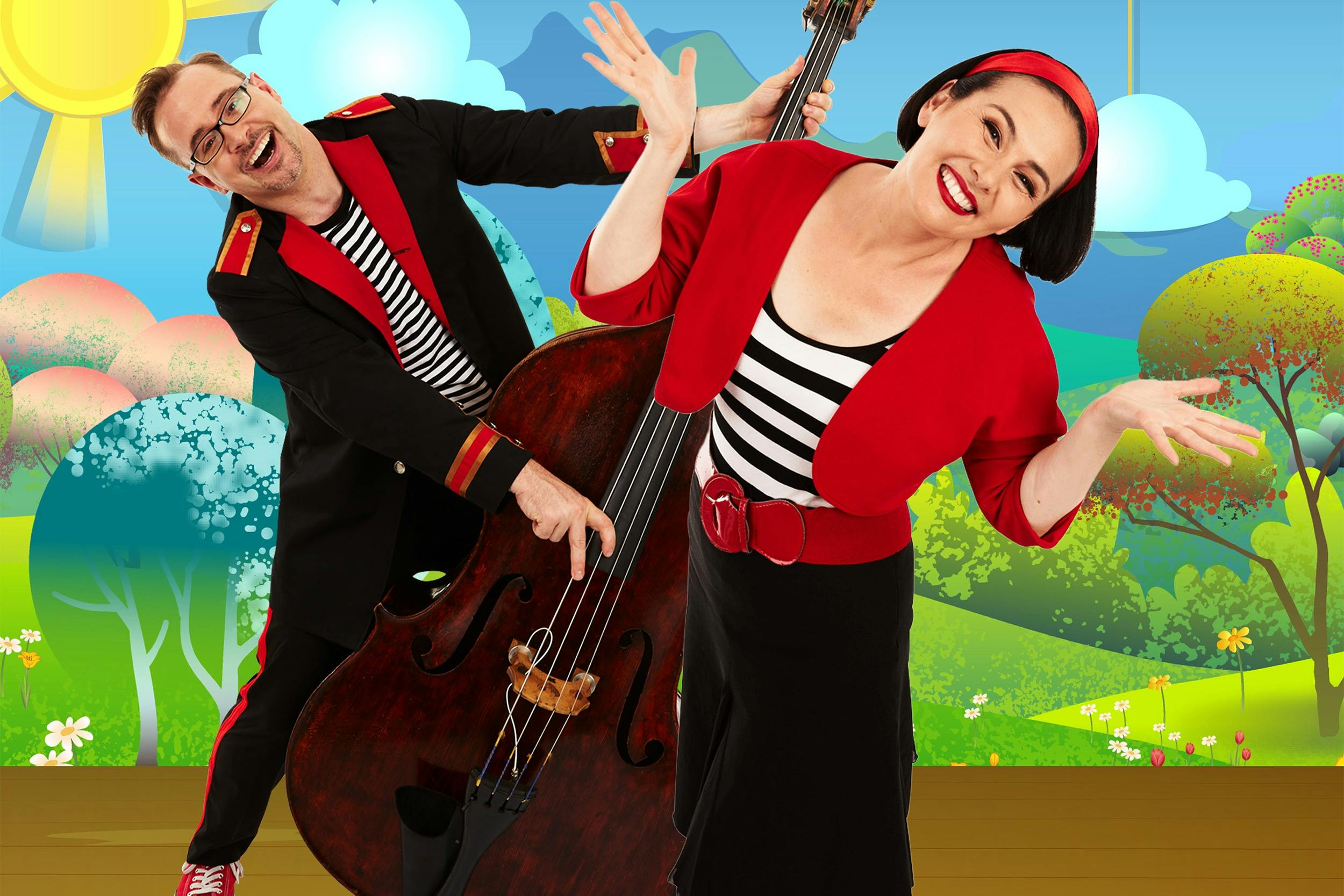 Lah-Lah and Buzz the Bandleader dressed in matching black, red, and white outfits