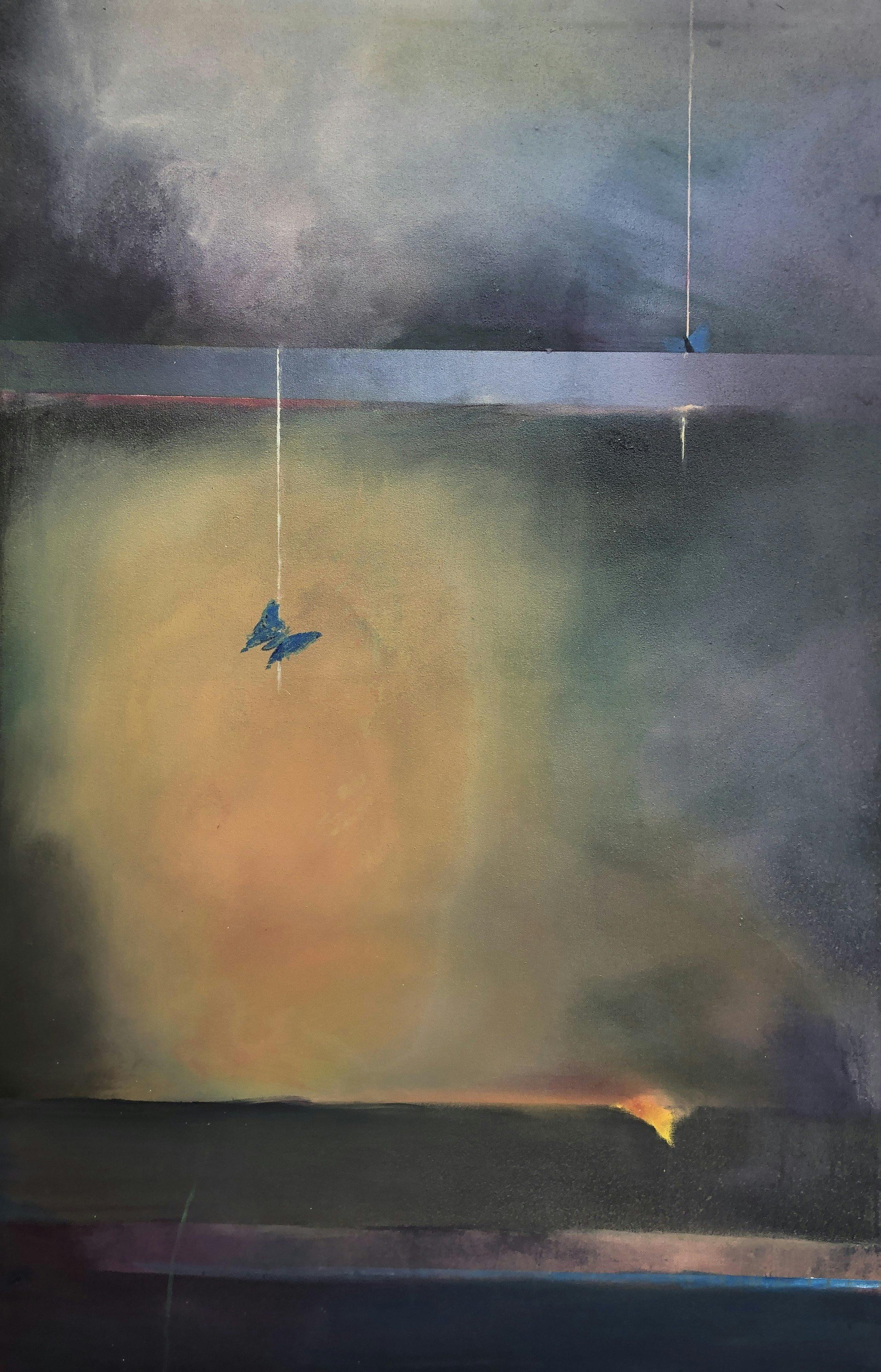 oil painting featuring two blue butterflies that hang from a window sill