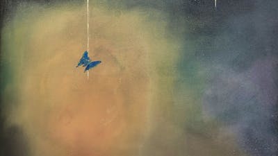 oil painting featuring two blue butterflies that hang from a window sill