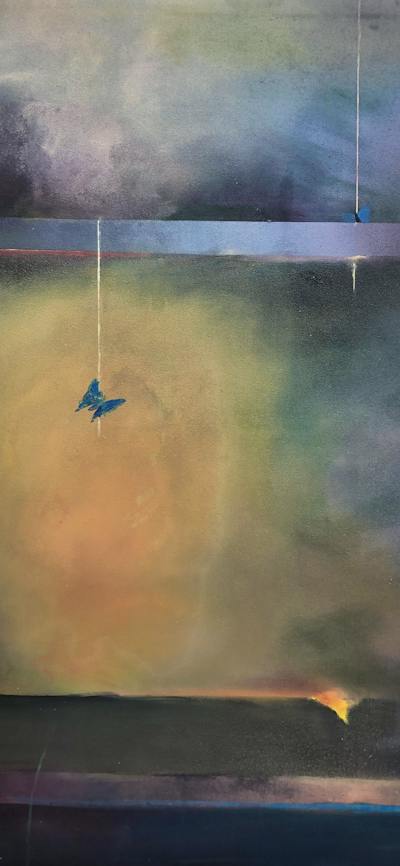 oil painting featuring two blue butterflies that hang from a window sill