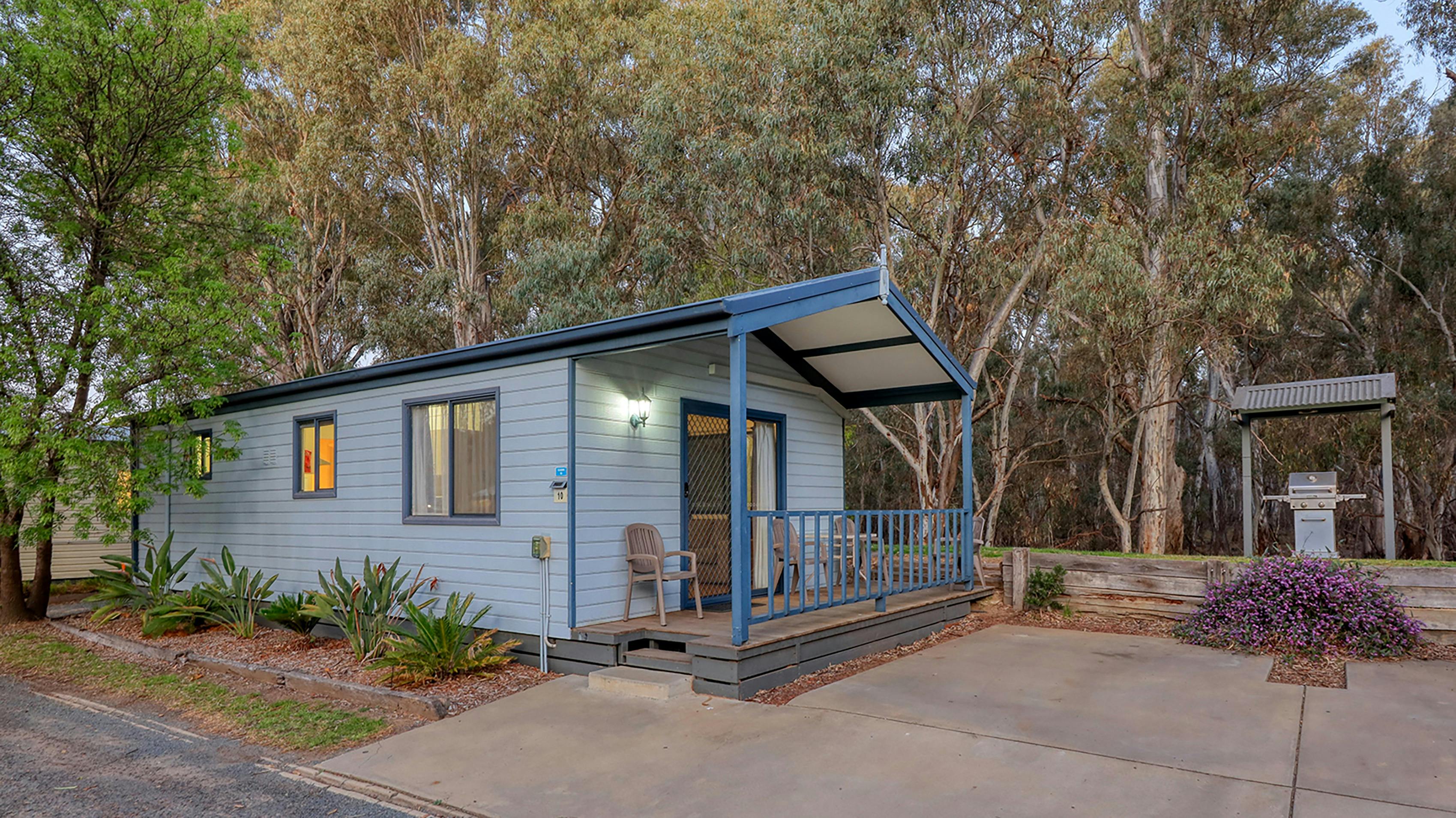 2 bedroom family cabin exterior at night