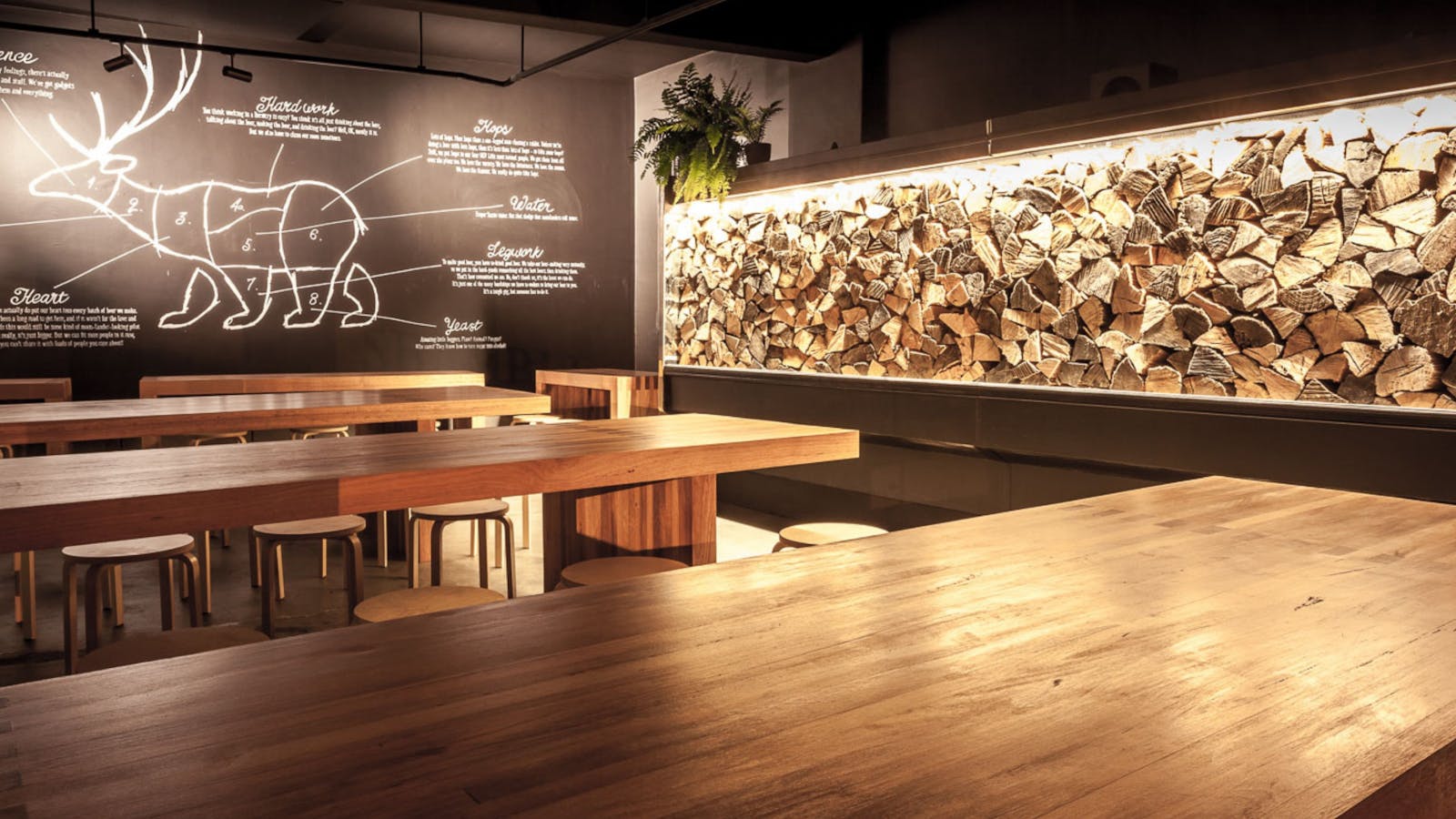 Book at table at our front bar and enjoy our beer next to some meticulously stacked firewood!