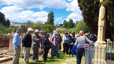 Group of people standing in old cemetery with large cypress and stone tombstones