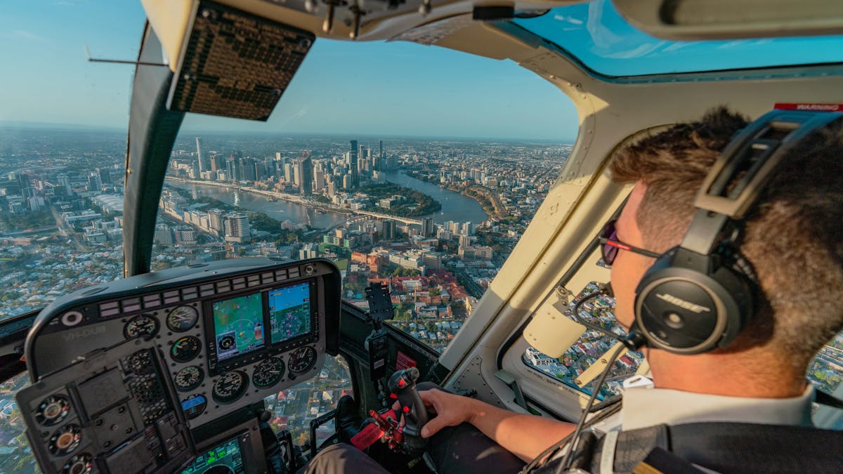 Cockpit view looking out to Brisbane CBD, Brisbane River, Southbank, Story Bridge, Kangaroo Cliffs.