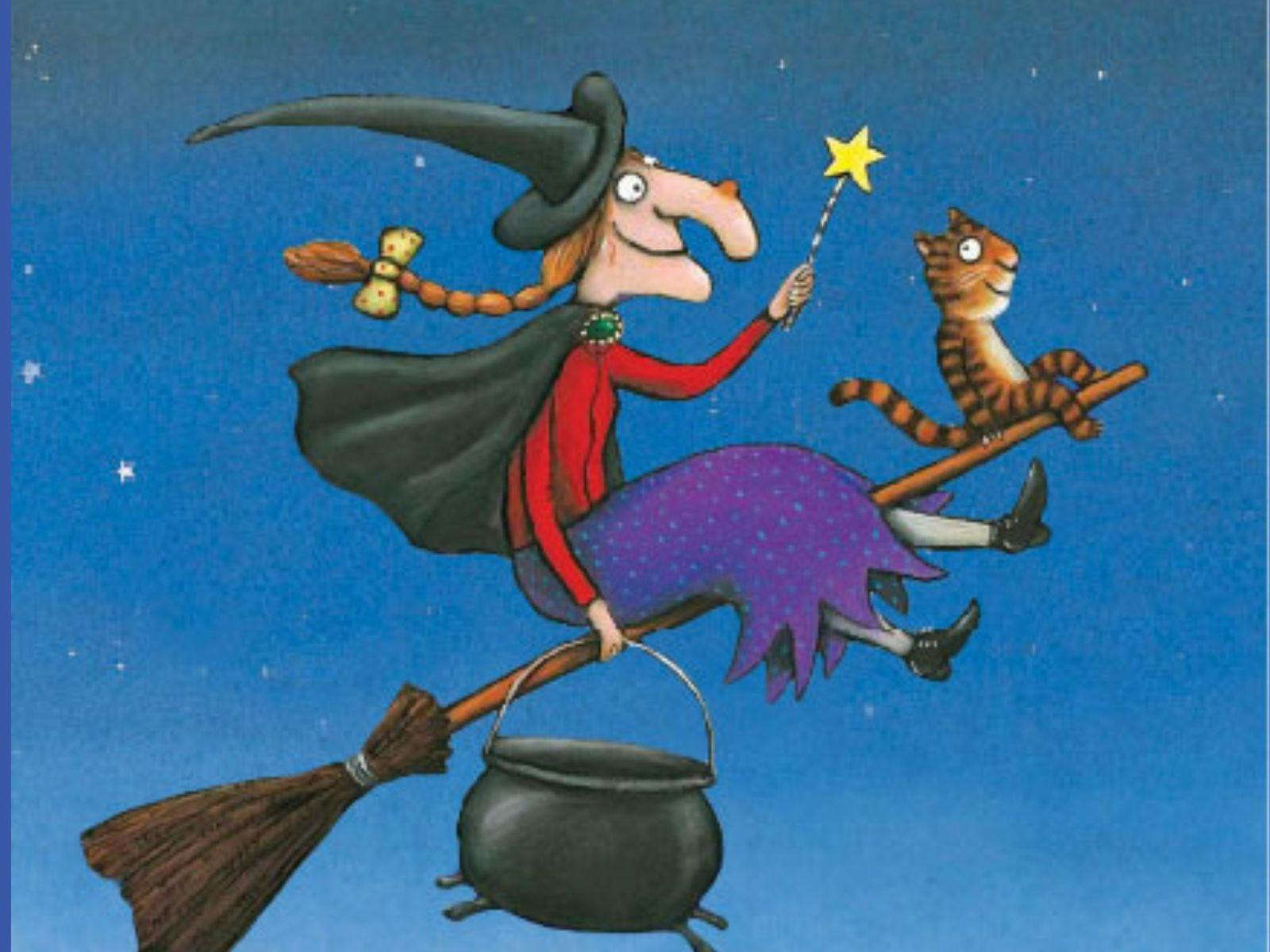 Cartoon witch with wart on nose riding a broom with a cat in front cauldron on ground and star