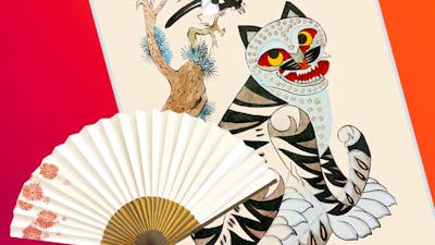 Korean folk painting of minhwa tiger and image of white paper fan with a floral decoration.