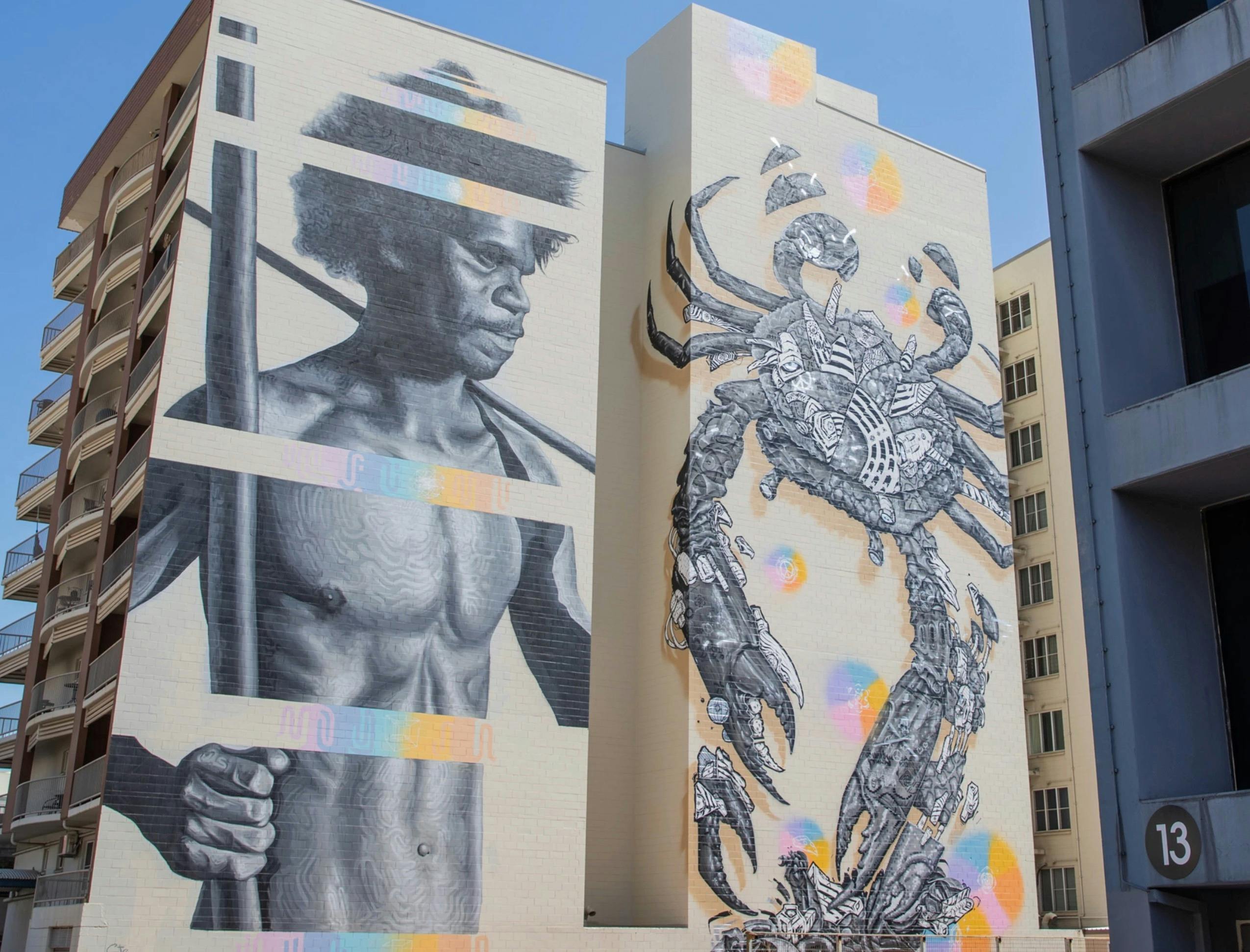 Darwin street art aboriginal man and crab