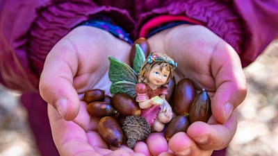A child holds colourful seeds and a small purple fairy figurine