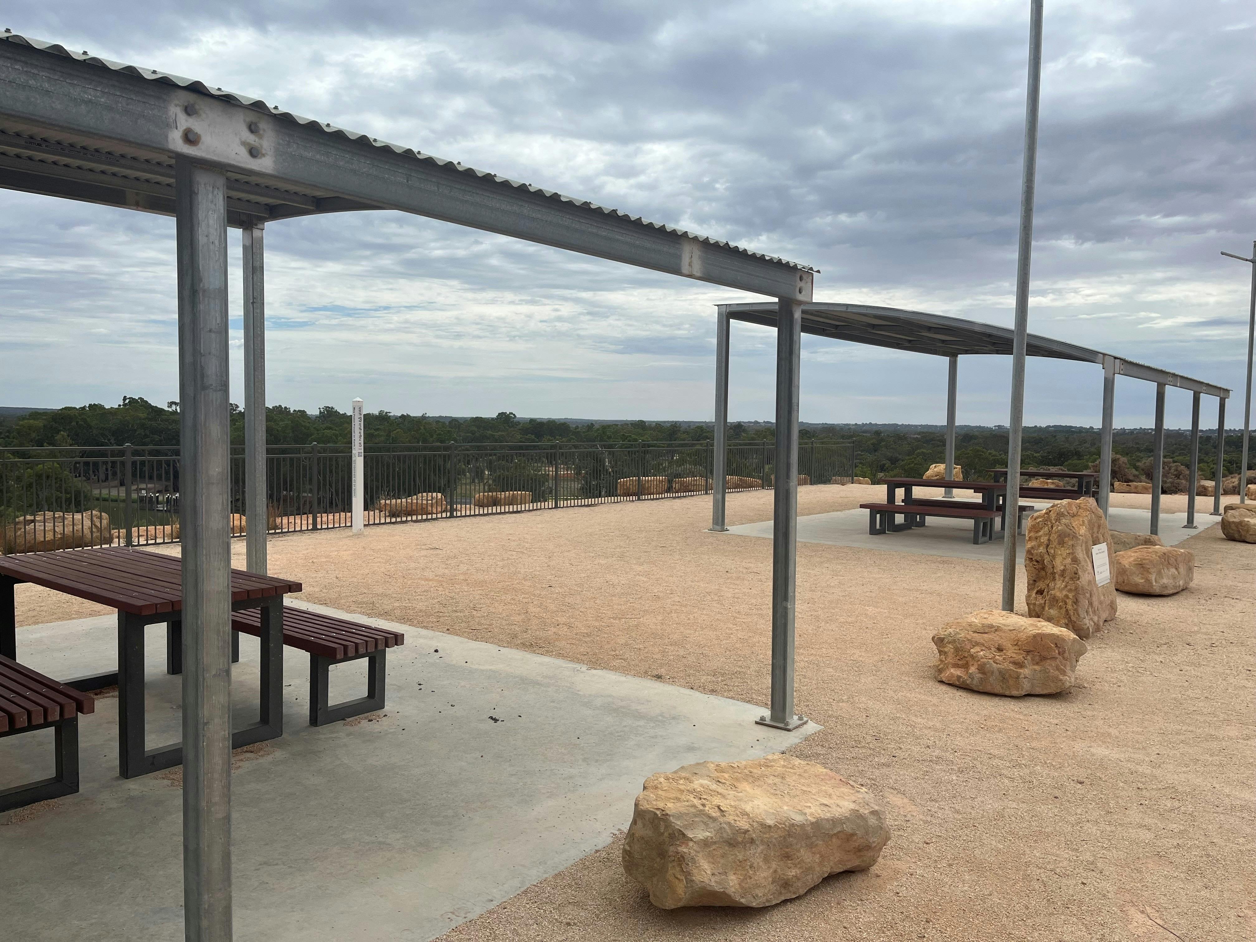 Seating and shade shelters at the lookout