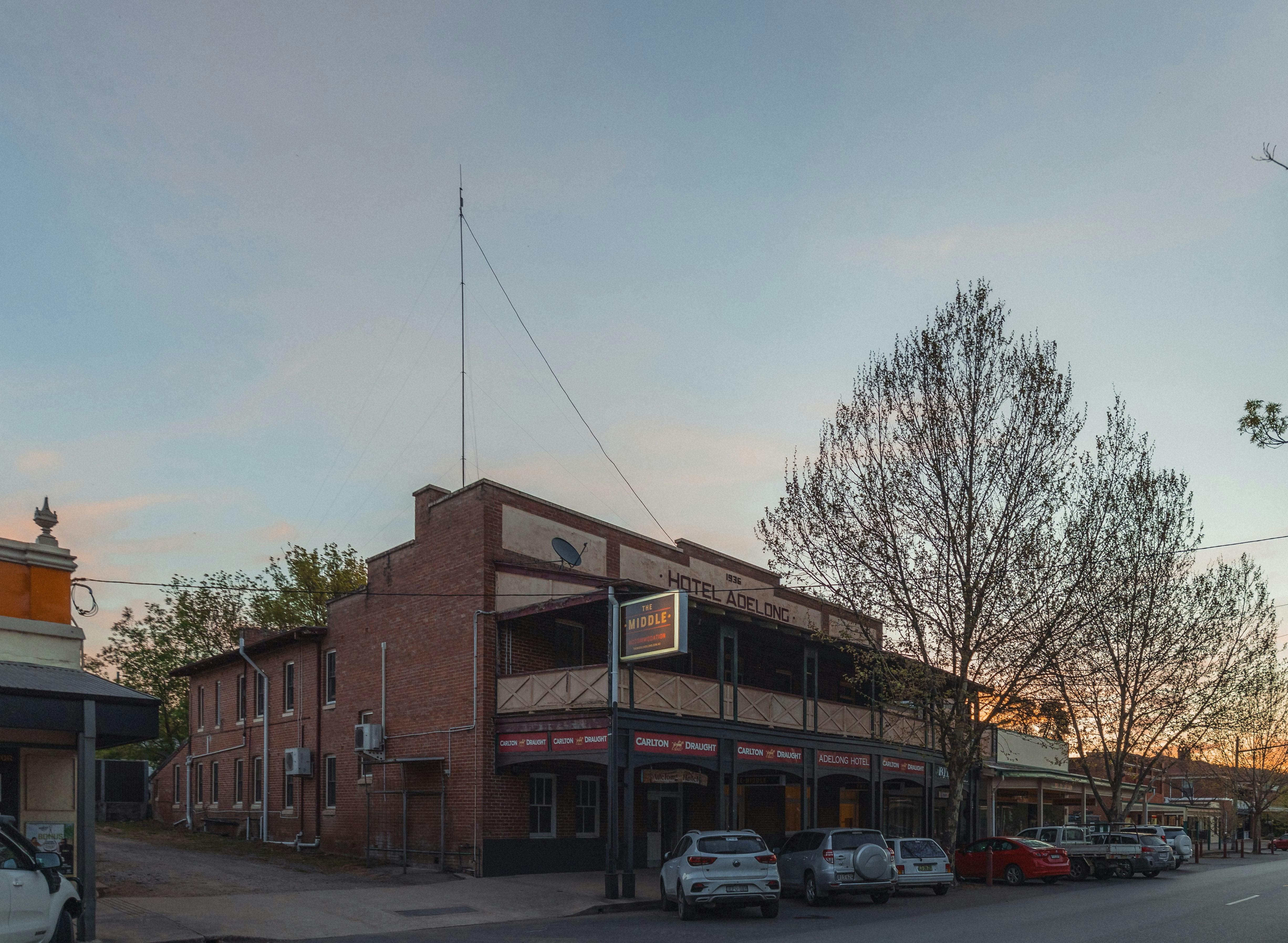 Outside view of The Middle Adelong from the Snowy Mountains Highway, on dusk.
