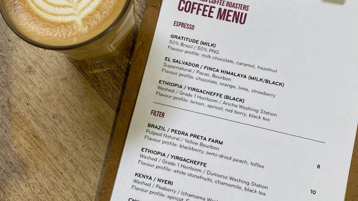 Photo of our speciality coffee menu featuring coffees for espresso, milk and filter coffee.