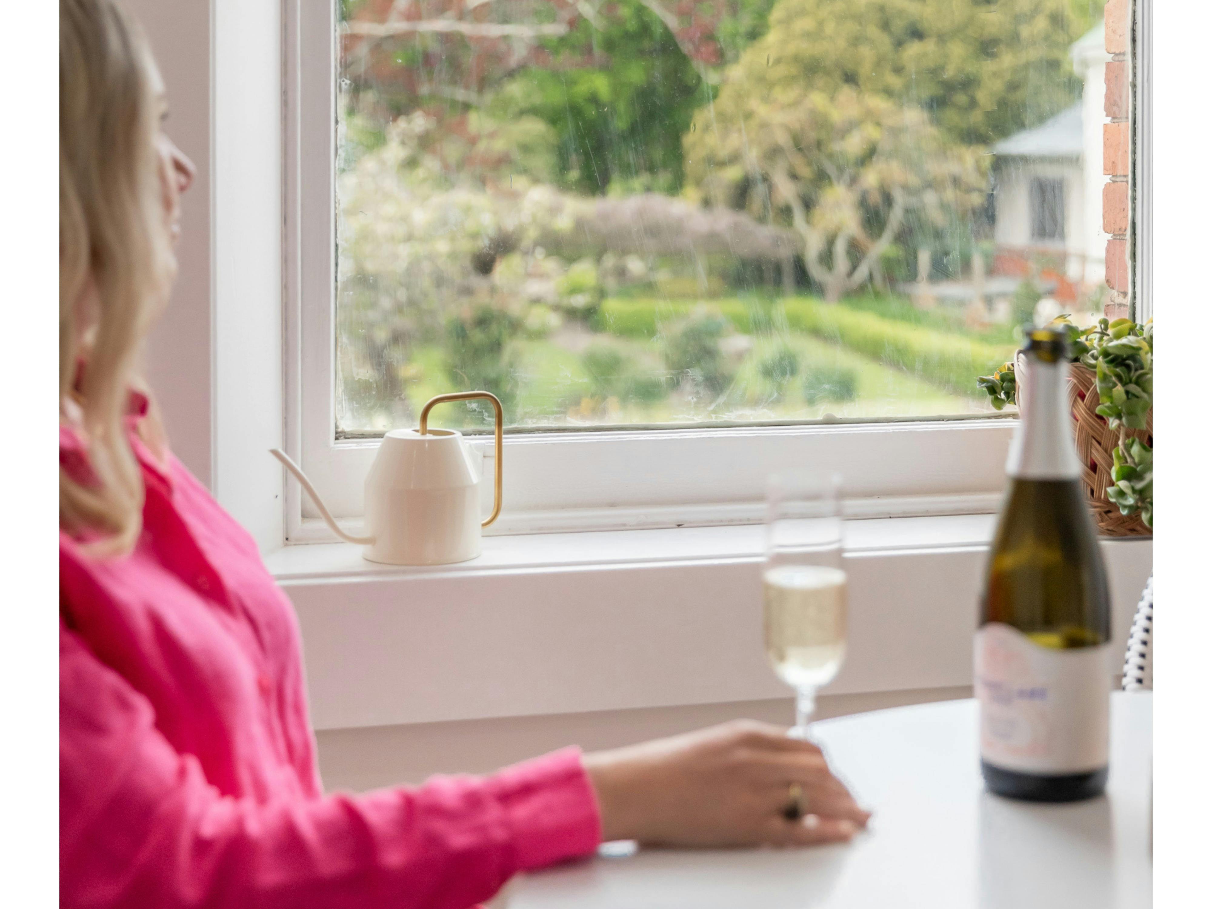 Woman enjoying glass of sparking wine looking out window over city park wearing pink jumper