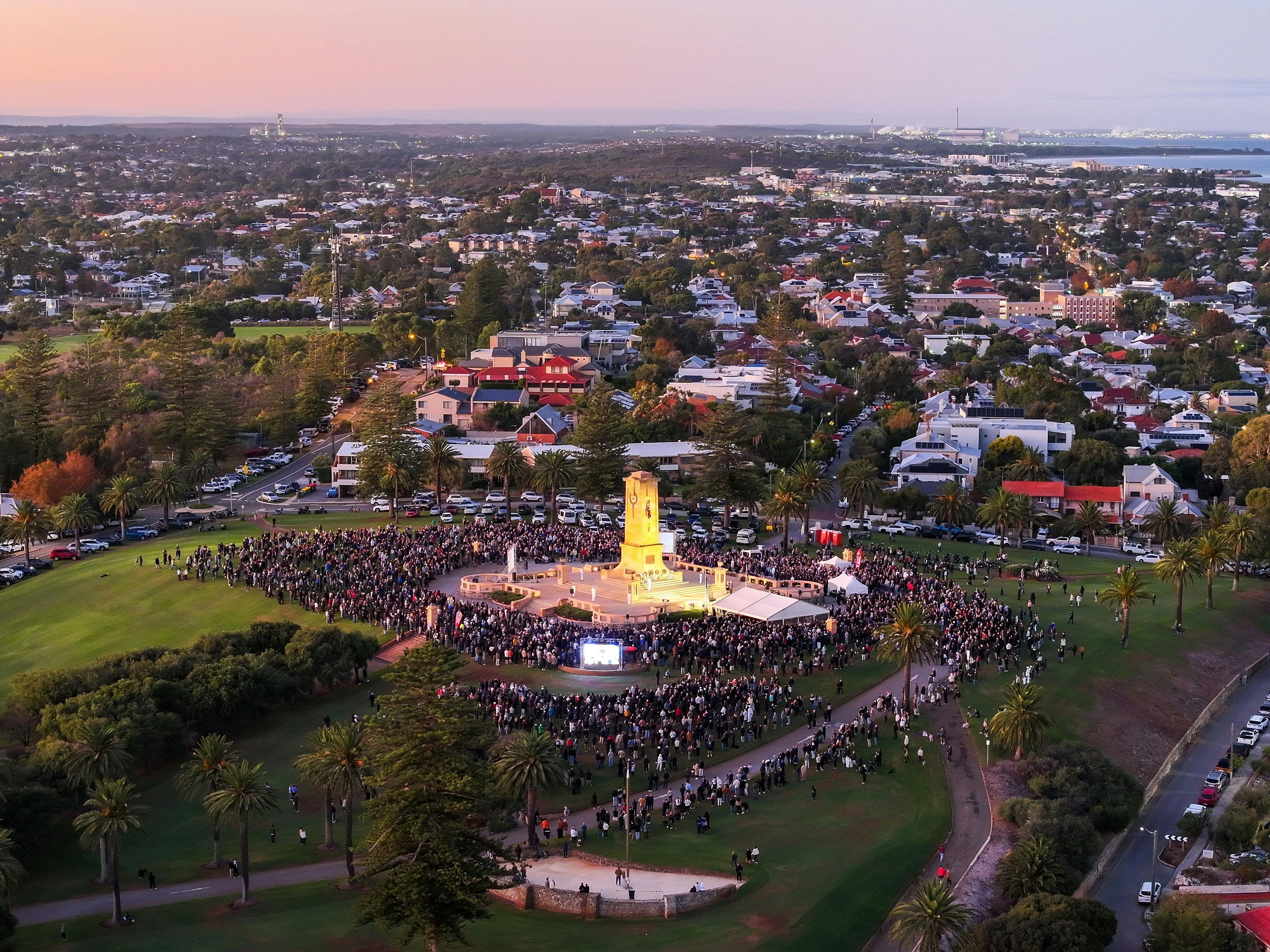 Aerial image of the ANZAC Day Dawn Service at Monument Hill, Fremantle