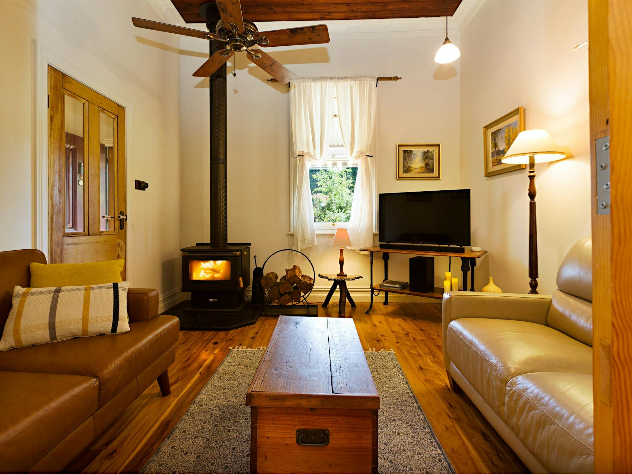 A cosy lit fireplace