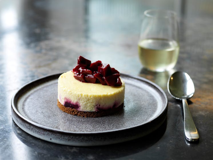 Plum Cheesecake, Vanilla. Seasonal produce combines to create a delicious dessert