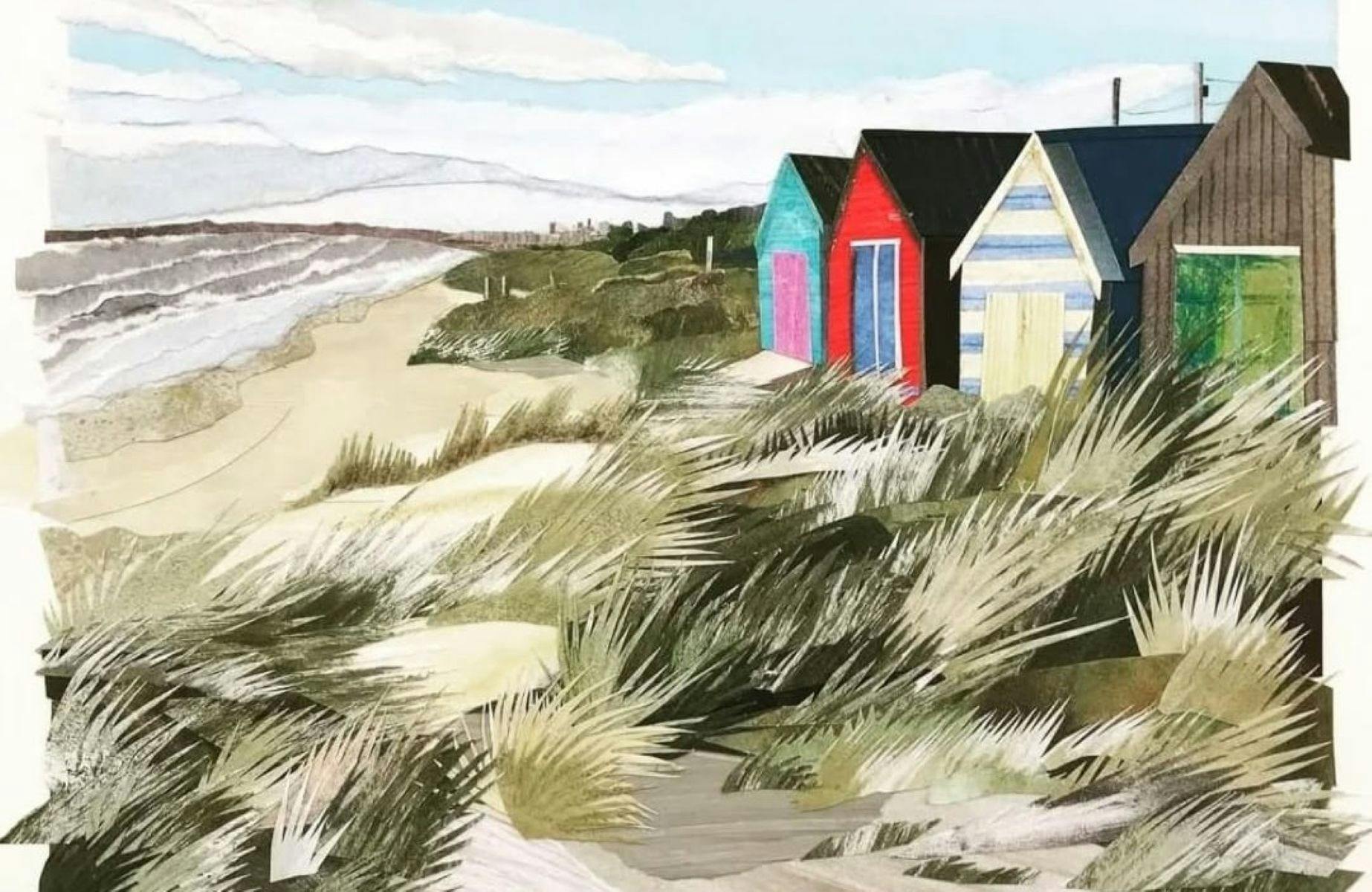 Collage artwork of beach houses on the shore