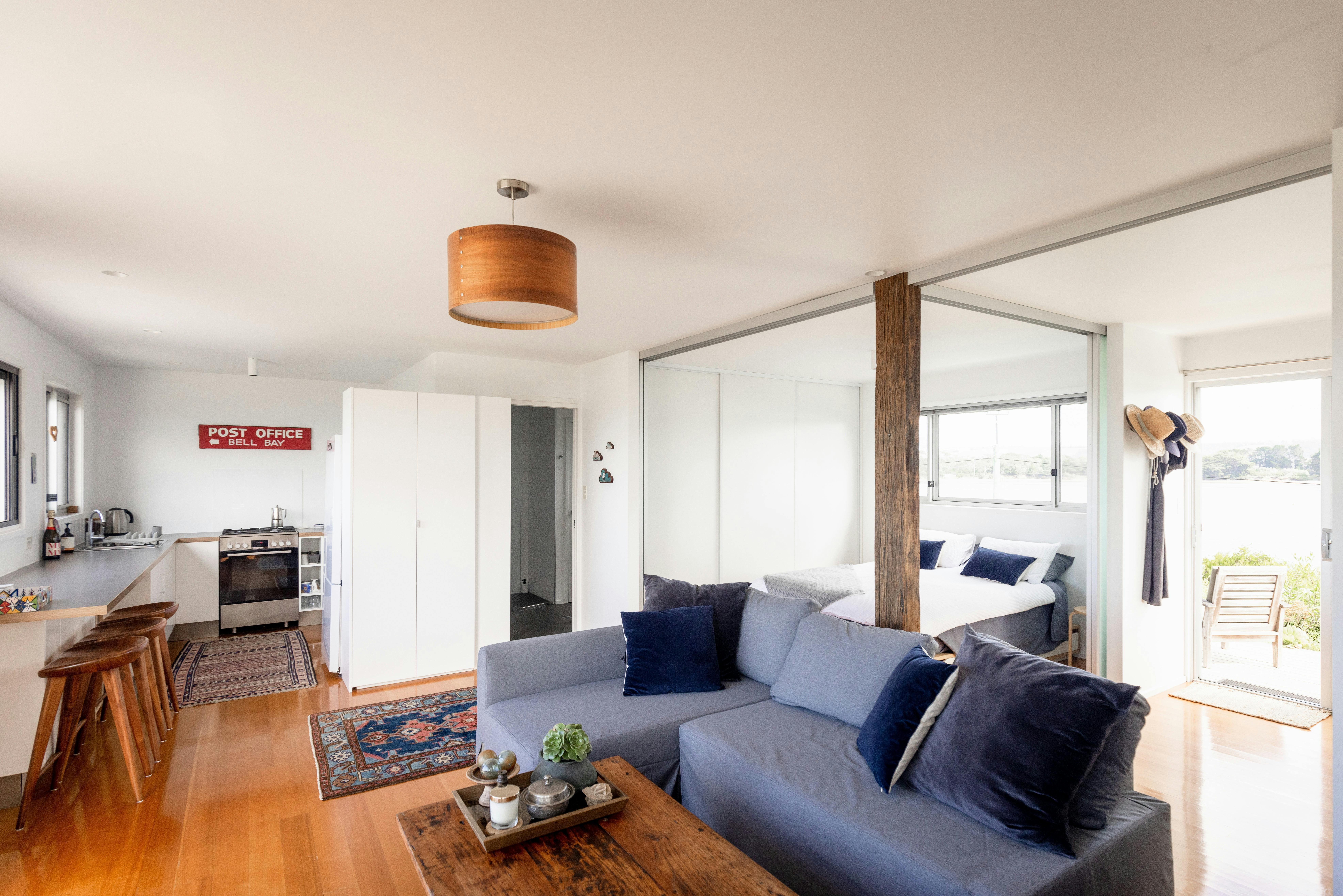 View from the East of bed, bath, kitchen and lounge and western deck