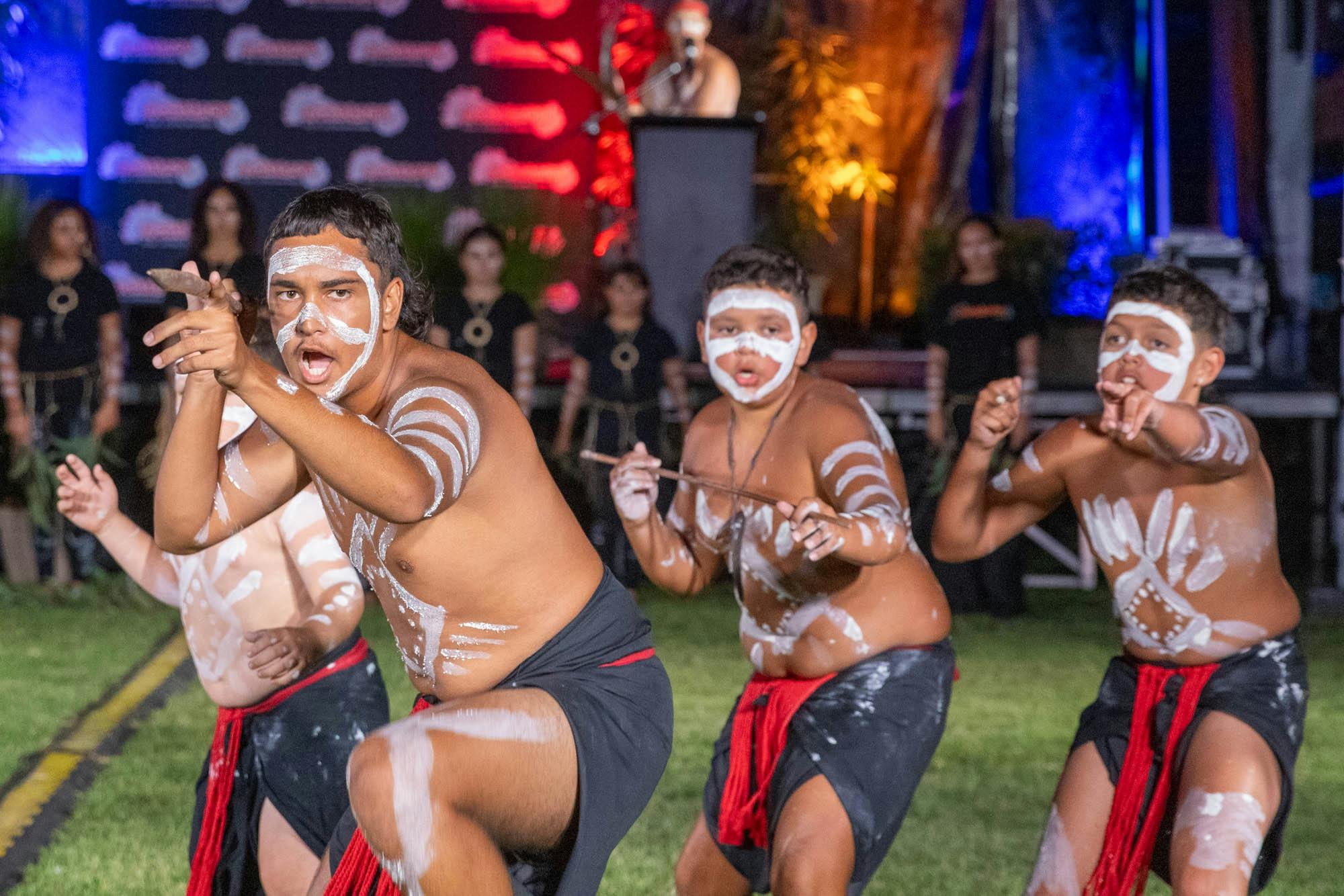 Aboriginal dancers with white cultural painting on their bodies