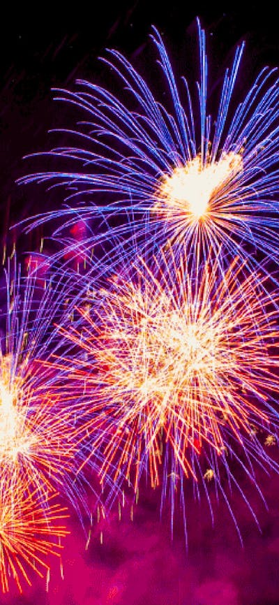 Fireworks bursting with purple and pink colours in in the night sky