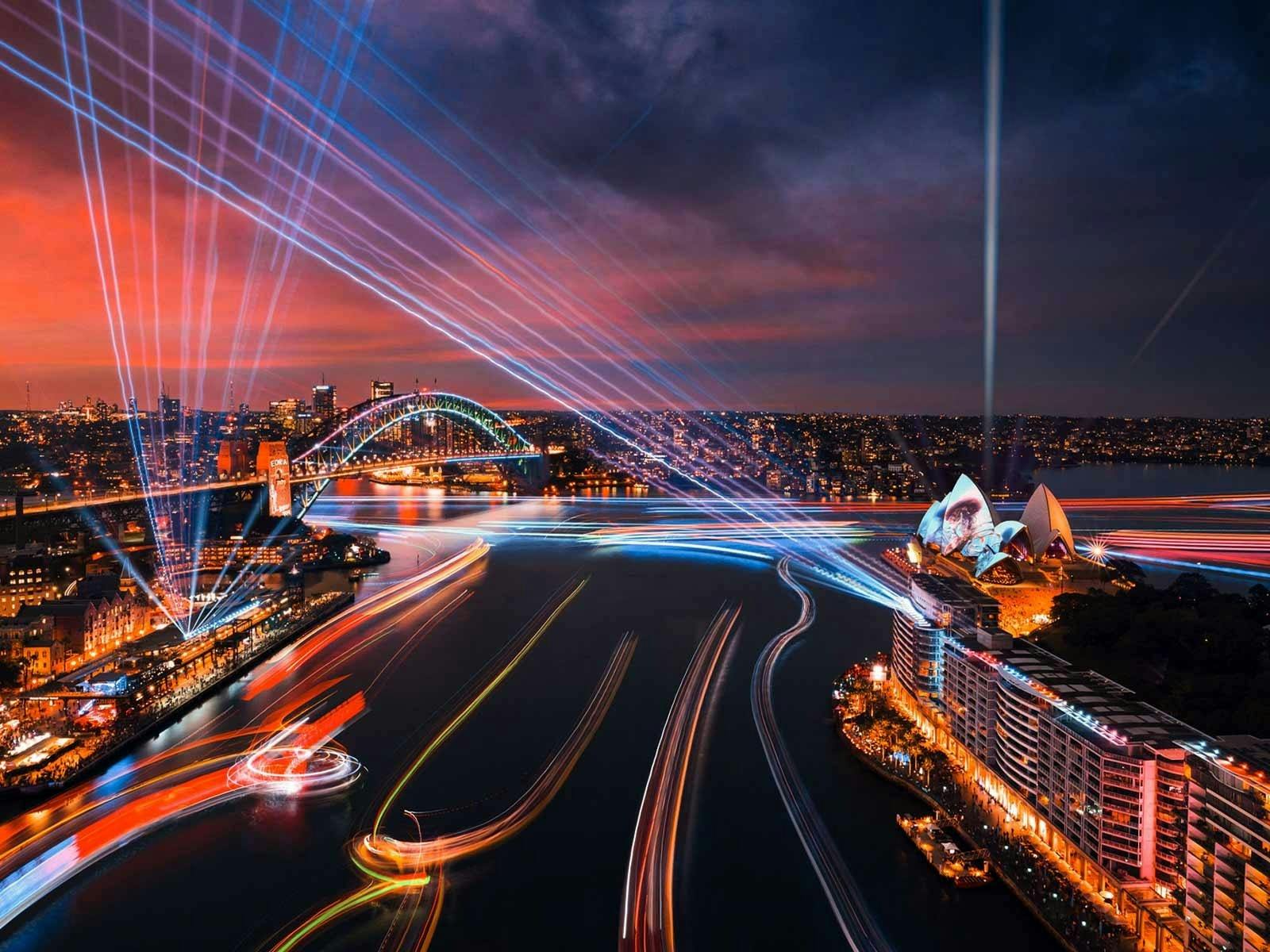Aerial view of Sydney Harbour during Vivid Sydney