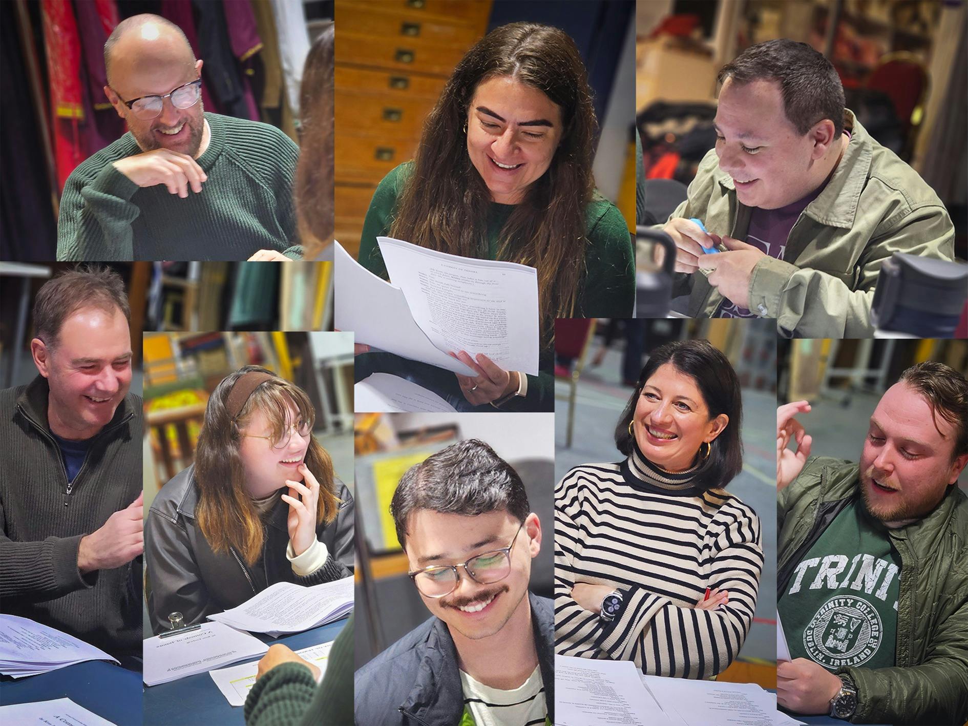 Cast of A Comedy of Tenors at a table read through of the play script.