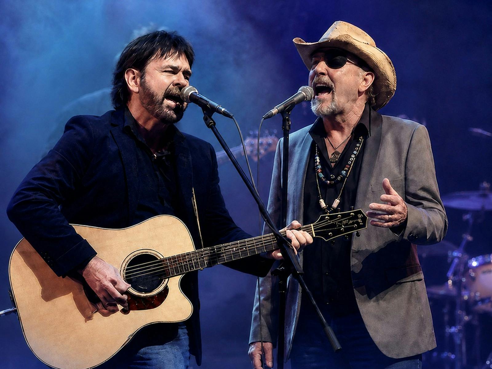 Two white men, one holding a guitar, both singing into mics, one wears a hat and has an eyepatch