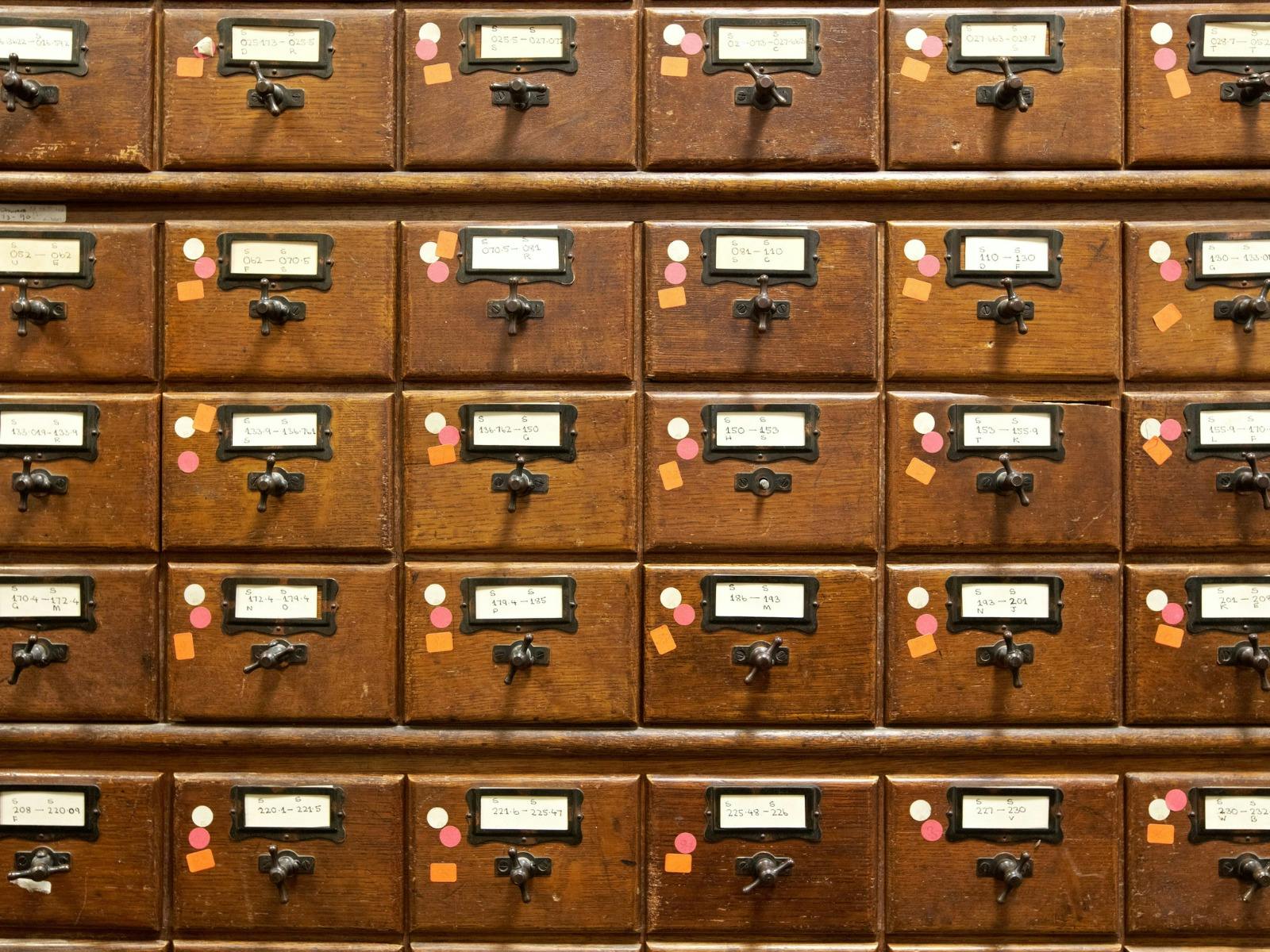 The card catalogue - small drawers containing records of books