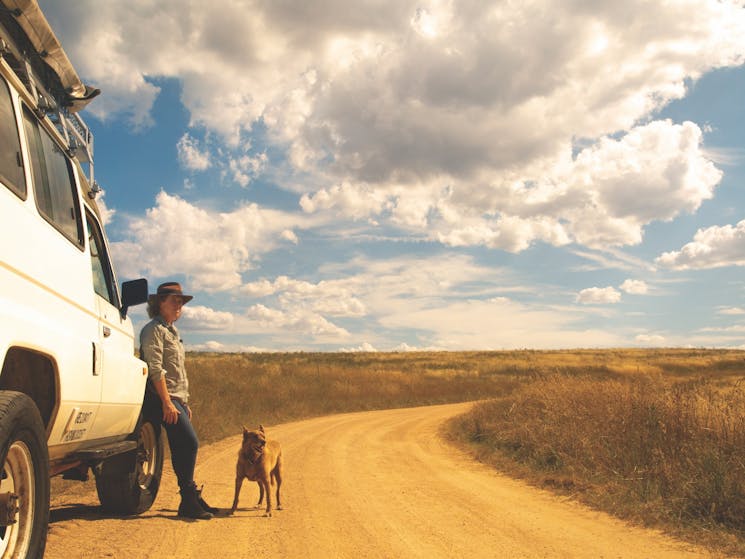 A woman and her dog stand next to a white ute on an Australian country road