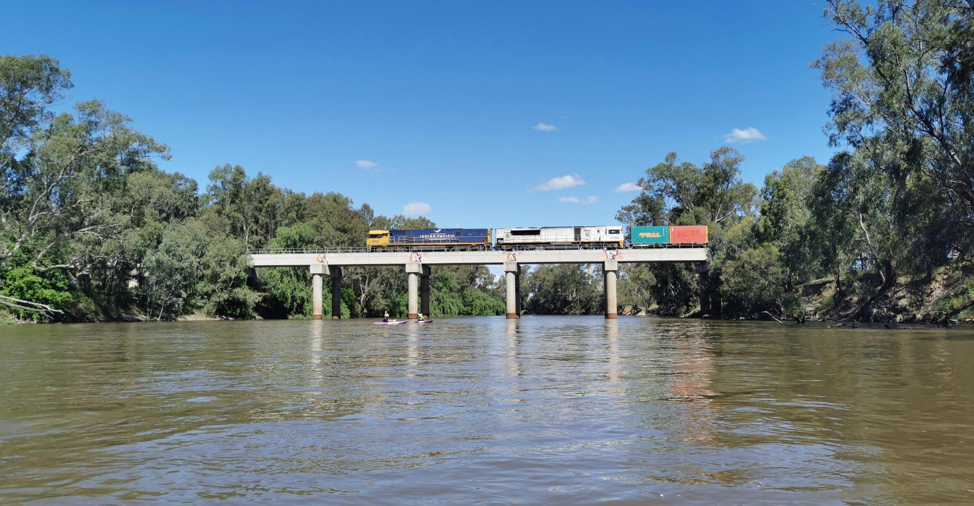 Waiving to Train Driver on Viaduct across Murrumbidgee River in Wagga