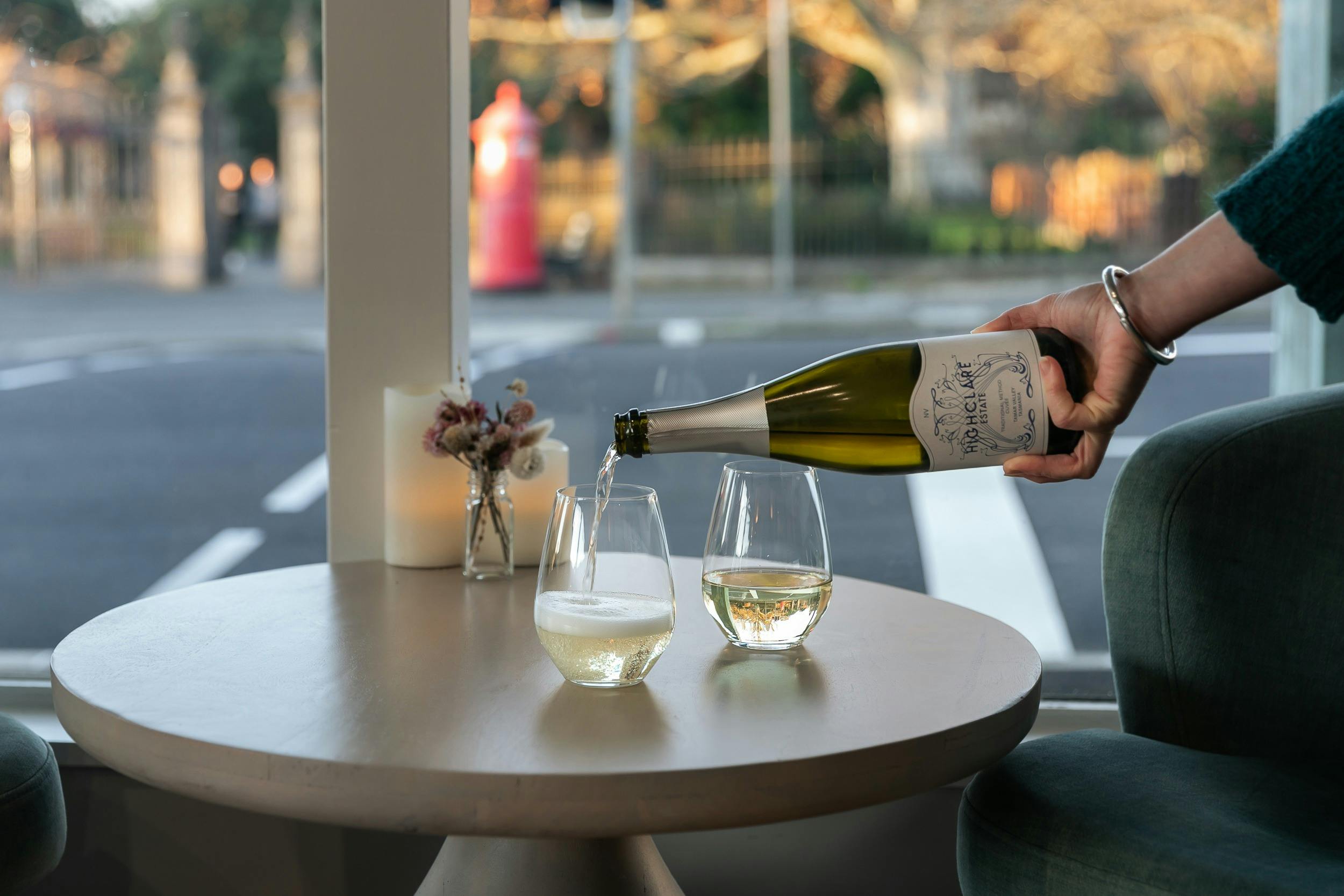Tasmanian Sparkling Wine being poured in the Highclare Estate Wine Room