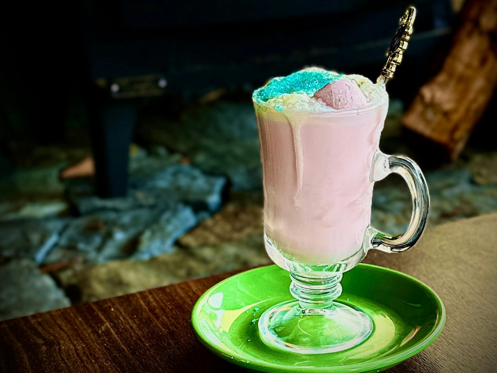 unicorn pink hot chocolate with cream and marshmallows at Nordic July Ladbroken Distillery