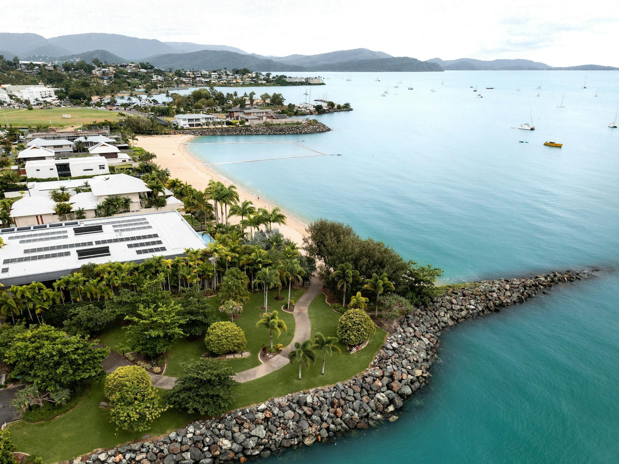 Aerial photo of park area, beach and houses and many boats in the water Aerial photo of park area, beach and houses and many boats in the water