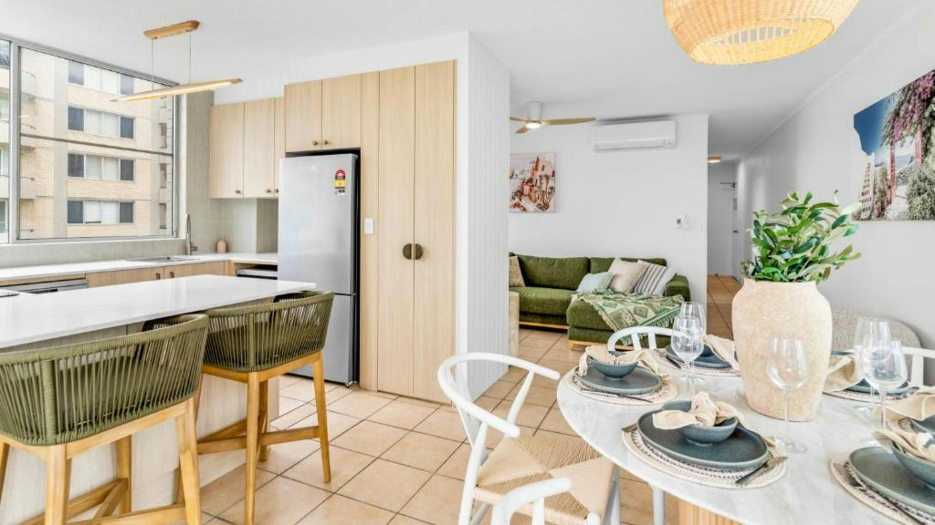 Dining, kitchen and living