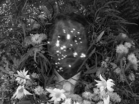 A man's head rests in a bed of flowers and branches, and stars appear to be reflected on his face