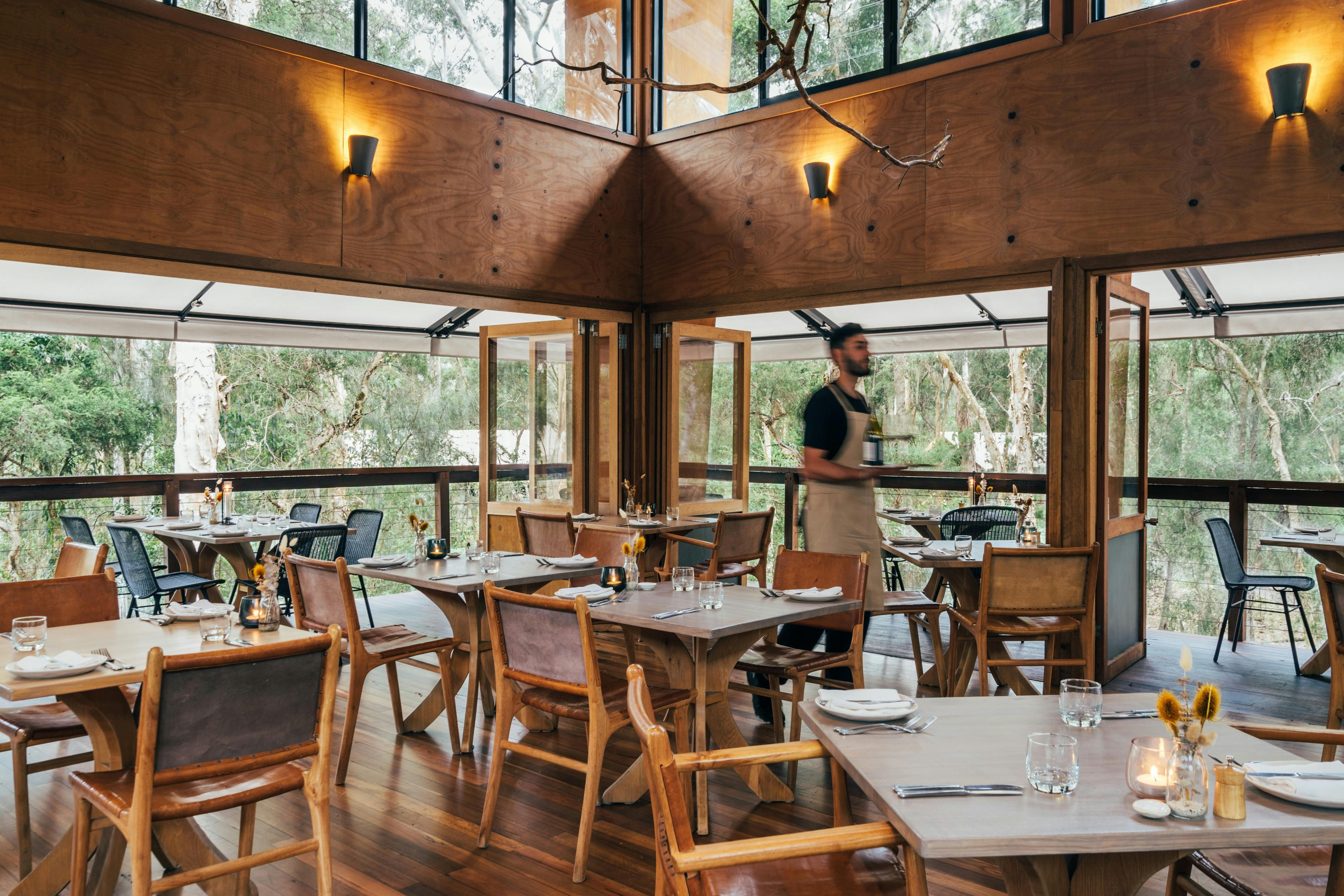 The interrior of the Gunyah treetop restaurant with open verandahs looking out to the forest.