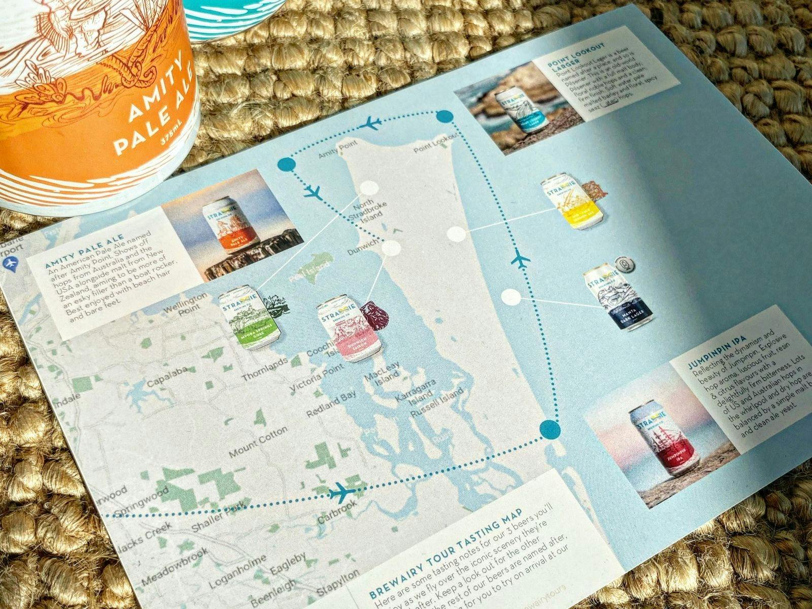 A laid out map of North Stradbroke Island with can renders of local Beers A laid out map of North Stradbroke Island with can renders of local Beers