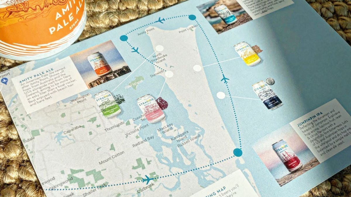 A laid out map of North Stradbroke Island with can renders of local Beers