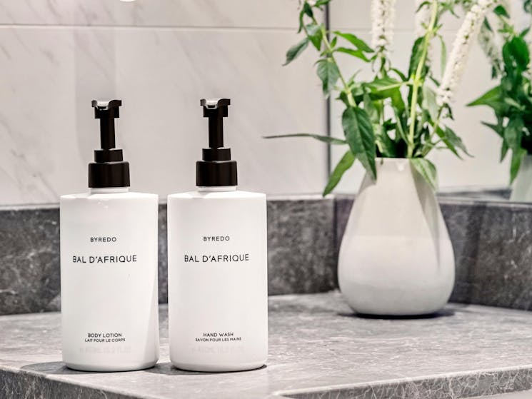 Luxury Byredo brand amenity bottles in the bathroom