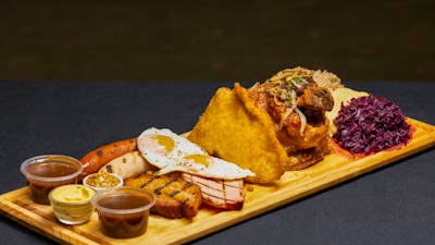 Leberkase, wursts, egg, schnitzel, pork knuckle, red cabbage, sauerkraut and mash